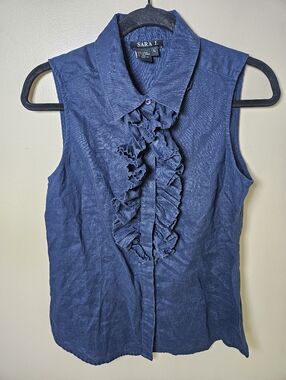 Sara I Navy Blue 100% Linen Ruffle Button Front Sleeveless Tank Blouse Large